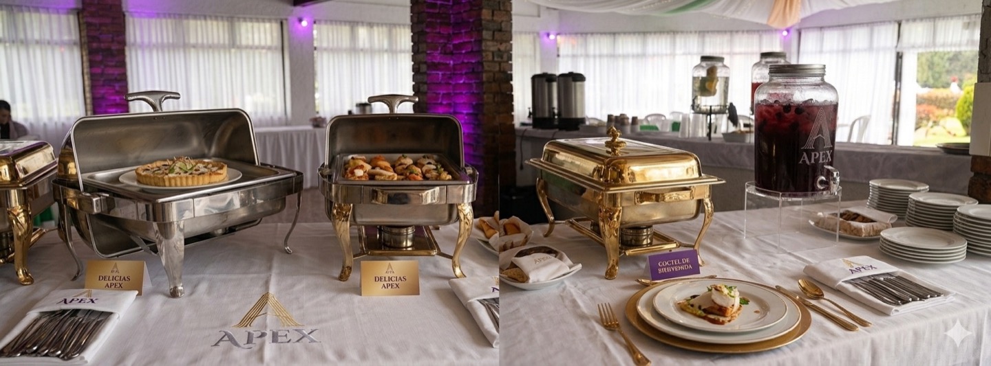 Servicio de catering APEX con buffet, bebidas y montaje elegante para evento corporativo