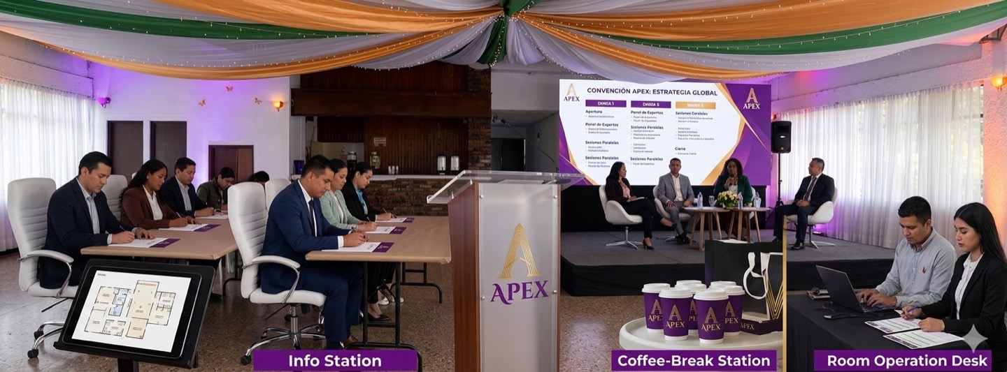 Convención empresarial con estaciones de información, coffee break y mesa de operación