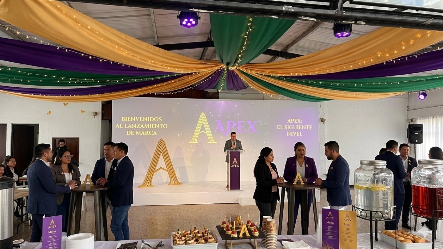 Lanzamiento de marca APEX con escenario, branding y producción corporativa